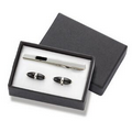 2 Tone Black/Silver Oval Metal Cufflinks w/ Matching Tie Clip